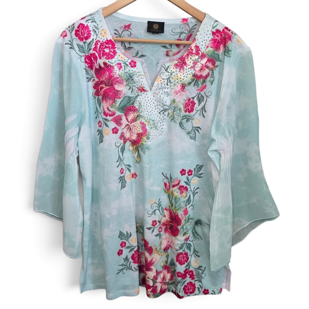 JM Collection Top Womens XL Aqua Floral Embroidered Beaded Split V-Neck Blouse